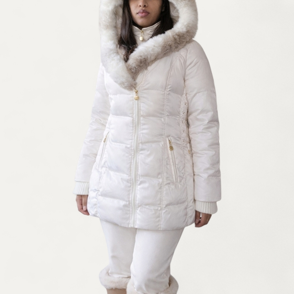 Betsey Johnson White Puffer Jacket with Fur Trim L